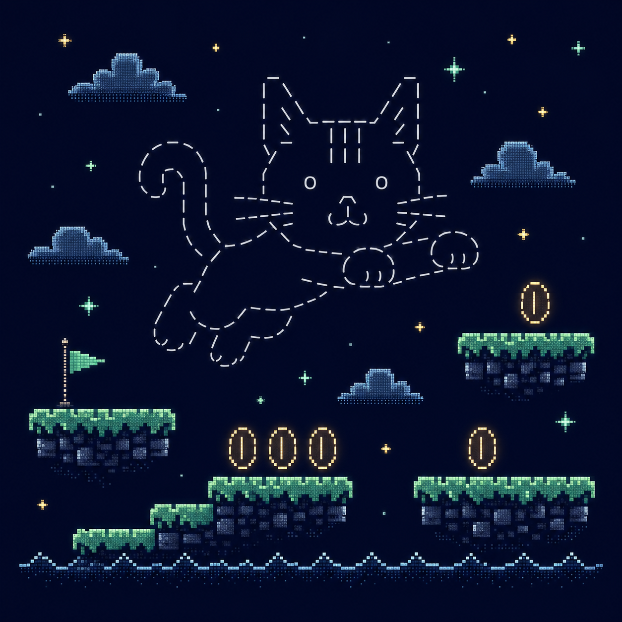 febucat leaping across pixel platforms