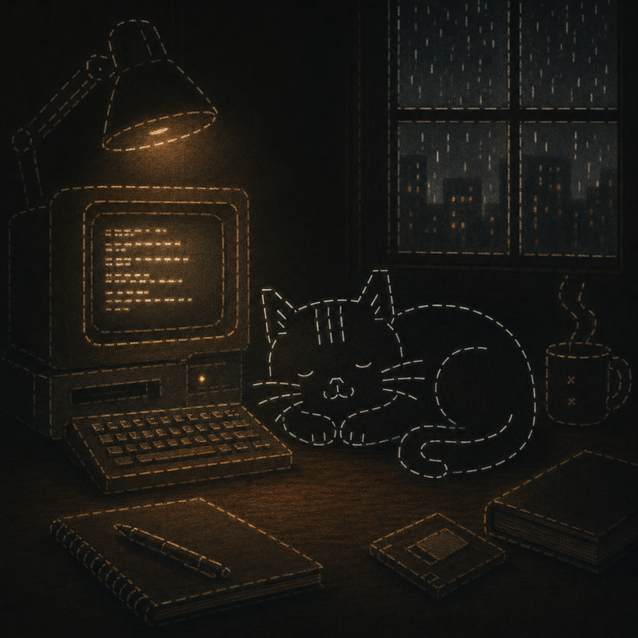 febucat asleep beside a glowing terminal